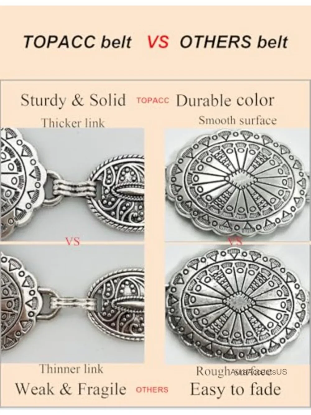 Western Metal Concho Belt for Women Cowgirl Chain Belt Country Concert Outfit